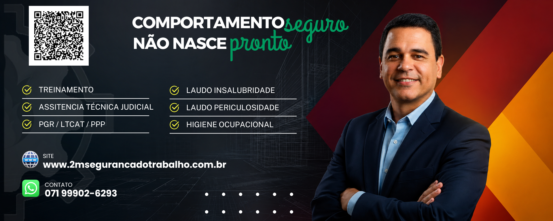 Comportamento seguro não nasce pronto. Serviços de treinamento, assistência técnica judicial, PGR, LTCAT, PPP, laudos de insalubridade e periculosidade e higiene ocupacional.
